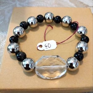 Artemis's Gems custom-made beaded bracelet with large clear gem, black/silver